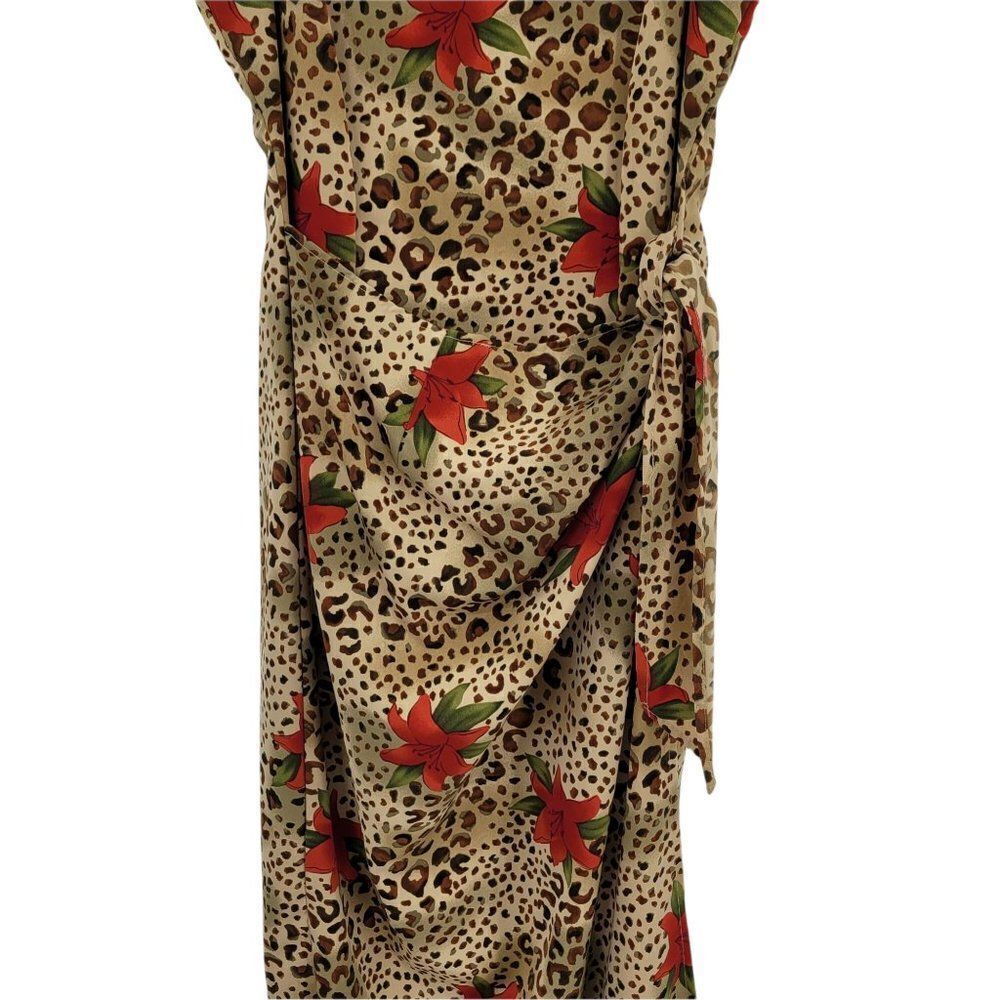 Vintage Tan Leopard Red Lily Print Sleeveless Mock Side Tie Hostess Dress Sz M - Picture 6 of 14